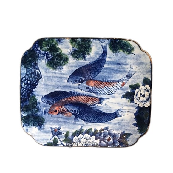 Japanese KOI FISH Lotus Flower Ceramic Rectangular Platter Sun Ceramic Japan - Picture 1 of 4